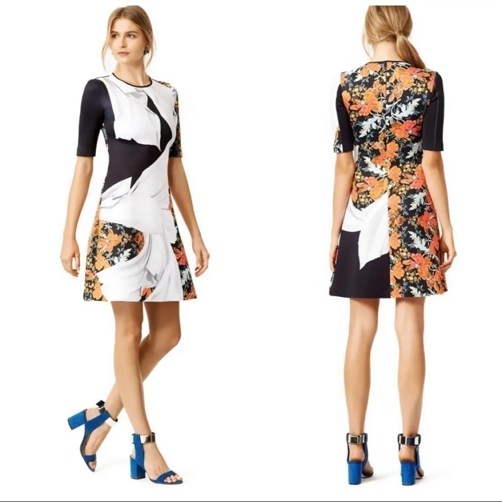 $335 Clover Canyon Sz S Floral Print Neoprene Scuba Knit Dress Black Gray
